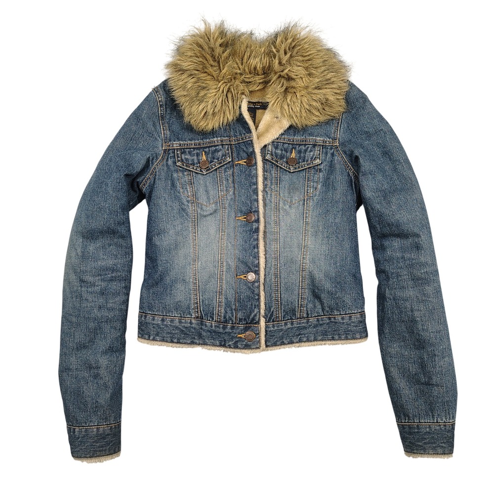Y2K Abercrombie & Fitch Jacket Womens XS Faux Fur Trim Blue Denim Trucker Coat